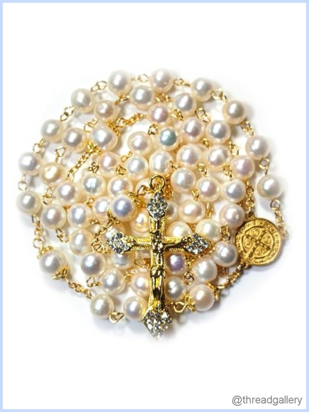 Natural Pearl Rosary Beads Catholic Chaplet Gold Plated Cross Necklace